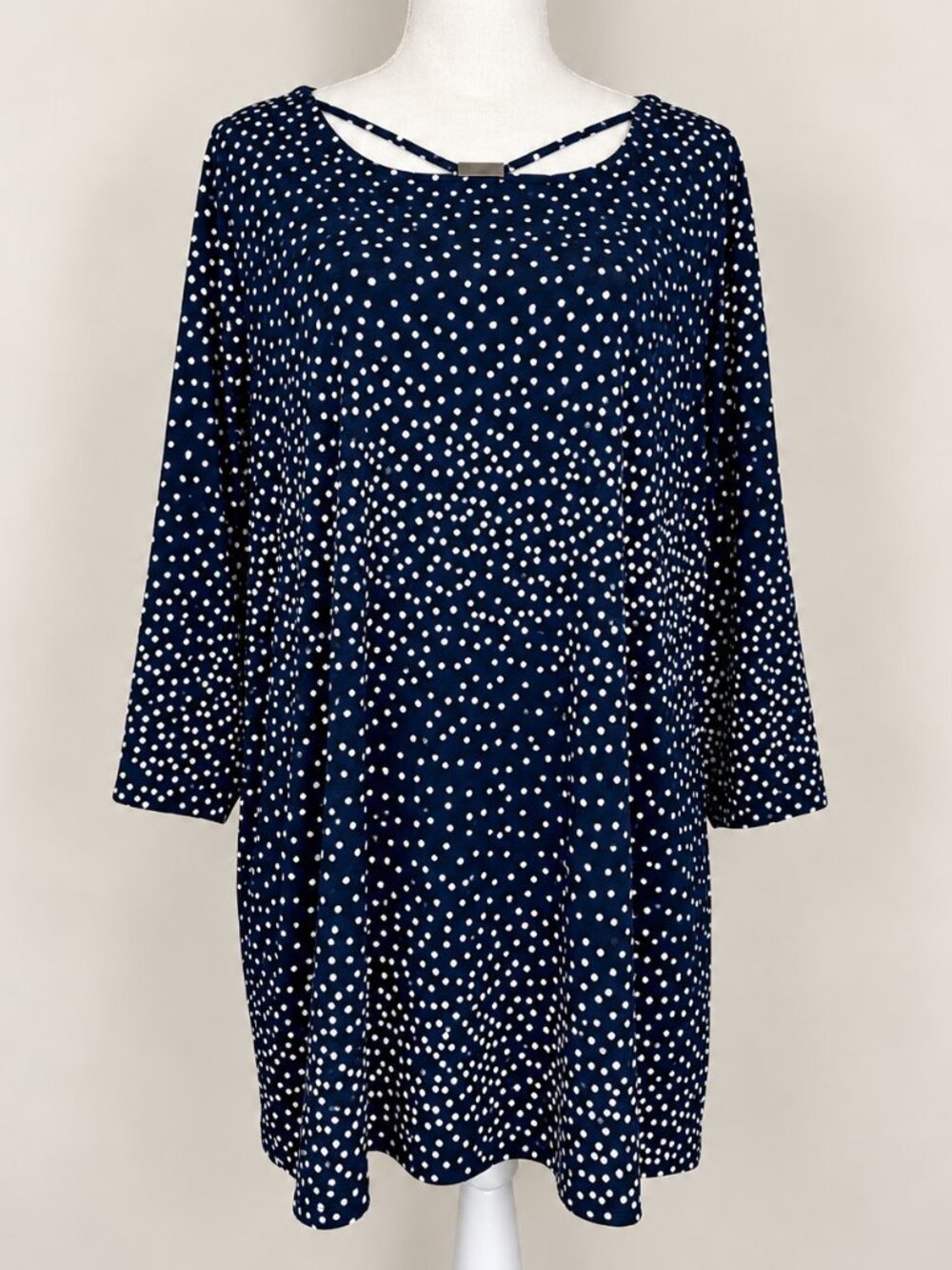 CJ Banks Polka Dot Tunic Blouse Navy White 2X Plus Size 3/4 Sleeve